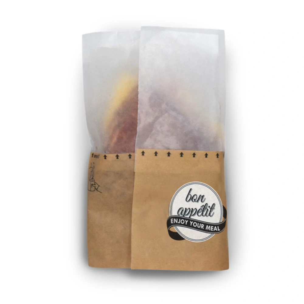 Snack / burger papierové vrecko „M“ (50 % transparentný papier), 13×18×7,5cm, perforované / 50ks