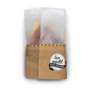 Snack / burger papierové vrecko „M“ (50 % transparentný papier), 13×18×7,5cm, perforované / 50ks